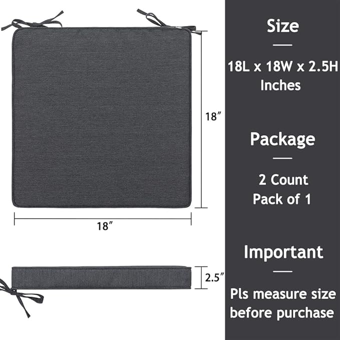 Magpie Fabrics Square Corner Seat Cushion, 18" x 18" x 2.5", 2 Pack, Indoor/Outdoor Waterproof Weather Resistant Universal Chair Pads for Patio Garden Dining - Dark Gray