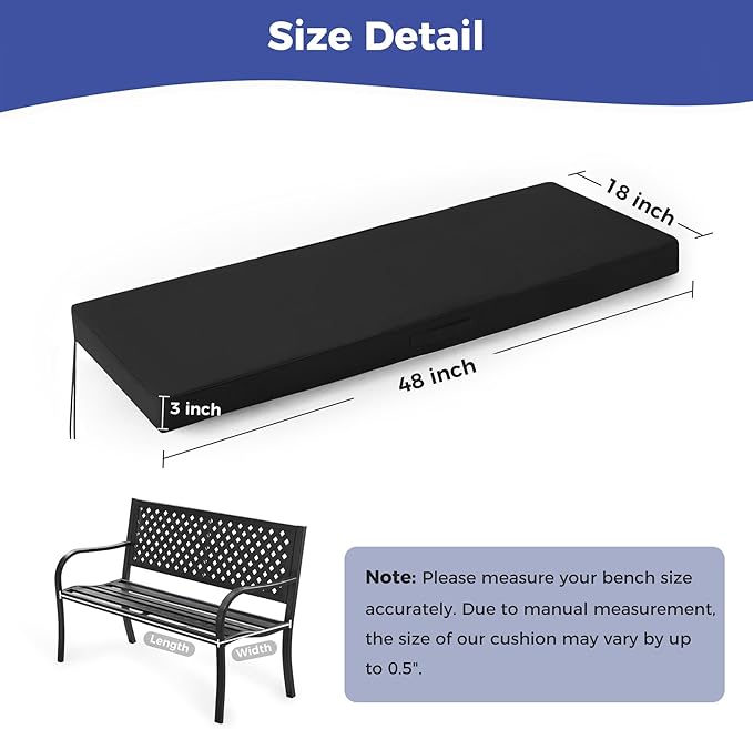Outdoor Bench Cushions for Outdoor Furniture, 48x18x3 Inch, Waterproof Bench Pillow, Fade Resistant Long Bench Seat Pads for Garden, Indoor, Porch Swing, Black