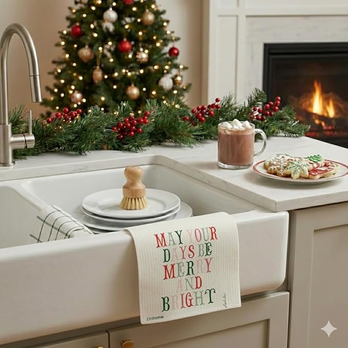 Christmas Holiday Swedish Dishcloth, Reusable Paper Towel, Super Absorbent Cellulose Sponge, Washable Kitchen Cleaning Cloth (Merry & Bright - 1 Pack)