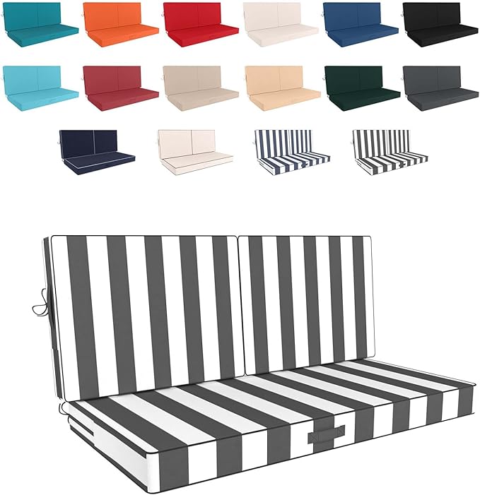 46 x 24 Outdoor Loveseat Cushion Set, 3 Piece Seat Cushions for Patio Furniture,Fade Resistant,Water Repellent, Outdoor Cushion Set for Wicker Couch,Bench,Swing,Gray Black Striped