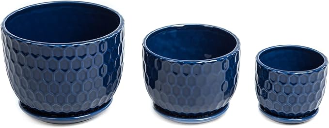 Ceramic Flower Pots with Drainage Hole and Saucer, North European Style Round Indoor Succulent Planters with Honeycomb Inspired Texture Design, Small to Medium-Sized, Set of 3, Navy Blue
