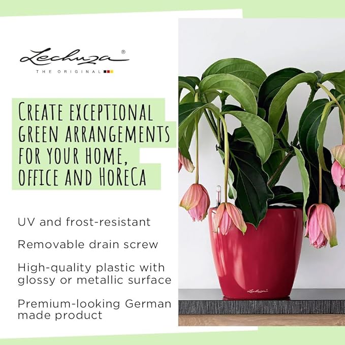 Lechuza Classico LS 28 Black High Gloss, Self-Watering Round Planter, D11 H10.2 in