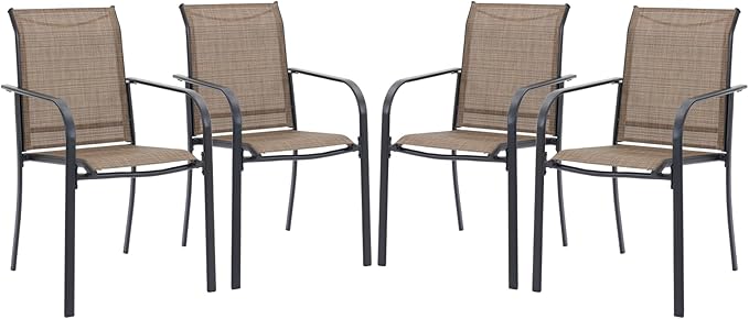 VICLLAX Patio Stackable Dining Chairs Set for 4, Outdoor Sling Chairs with Metal Frame for Front Porch Balcony Backyard Garden and Deck, Brown