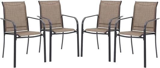 VICLLAX Patio Stackable Dining Chairs Set for 4, Outdoor Sling Chairs with Metal Frame for Front Porch Balcony Backyard Garden and Deck, Brown