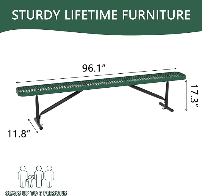 8 Feet Heavy Duty Metal Park Bench for Outside, Outdoor Bench with Portable Frame, Commercial Benches for Shopping Mall, Store, Park, Patio, Deck, Green