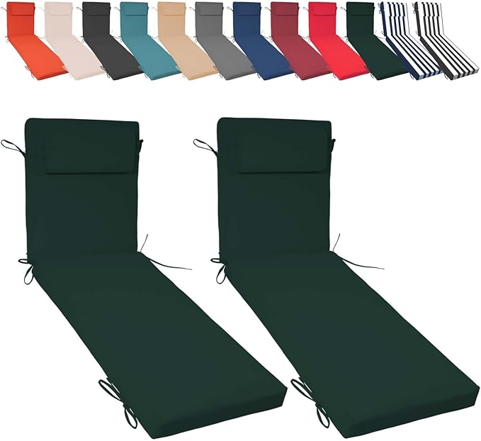 Chaise Lounge Cushions Outdoor Set of 2, 72x21x3 Lounge Chair Cushions for Outdoor Furniture, Patio Lounger Pads with Removable Cover for Pool, Deck, Lawn,Dark Green