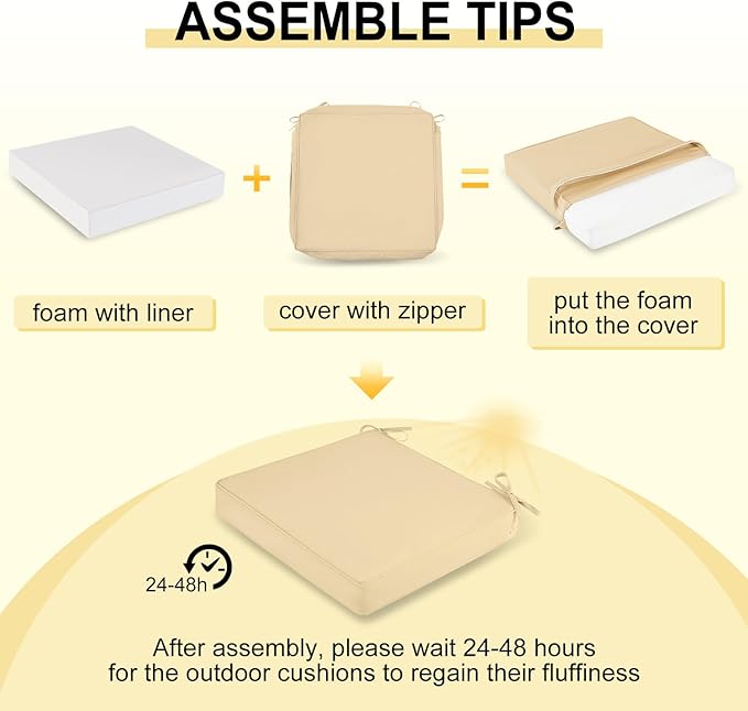 downluxe Waterproof Outdoor Chair Cushions for Patio Furniture, 18" x 18" x 2" Patio Chair Cushion with Adjustable Ties & Portable Handle, Square Outdoor Cushion with Removable Cover, Beige, 2 Pack