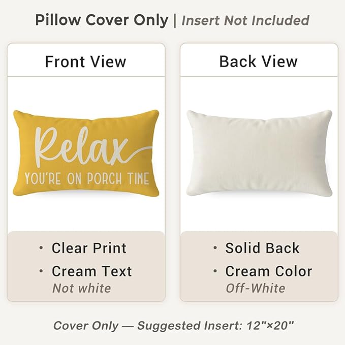 PANDICORN Farmhouse Throw Pillow Covers 12x20 Inch Relax Porch Time Yellow Outdoor Spring Summer Decorations Lumbar Decorative Cushion Case for Front Porch Patio Couch Sofa Decor