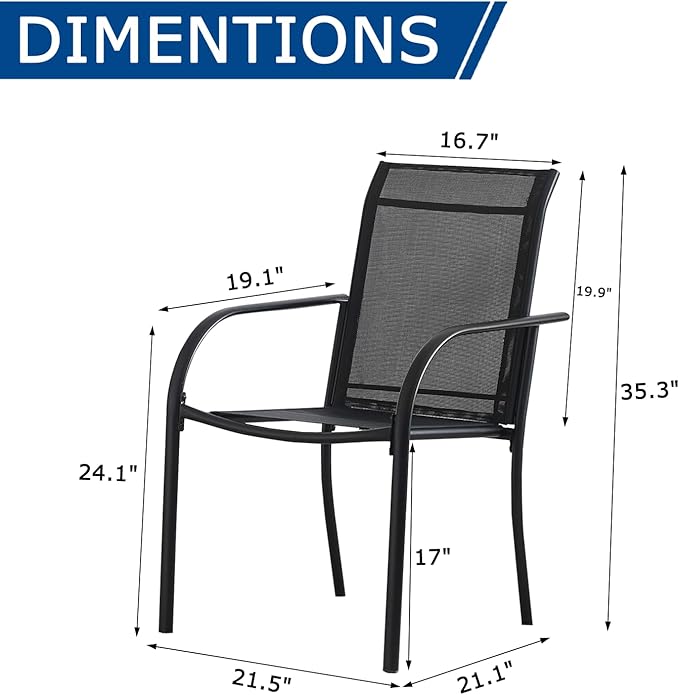 Outdoor Patio Dining Chairs Set of 6, Lightweight Stackable Patio Chairs with Curved Armrests & Wide Seat, Heavy Duty 300 lbs Capacity, Garden Chairs for Backyard, Deck, Poolside, Black