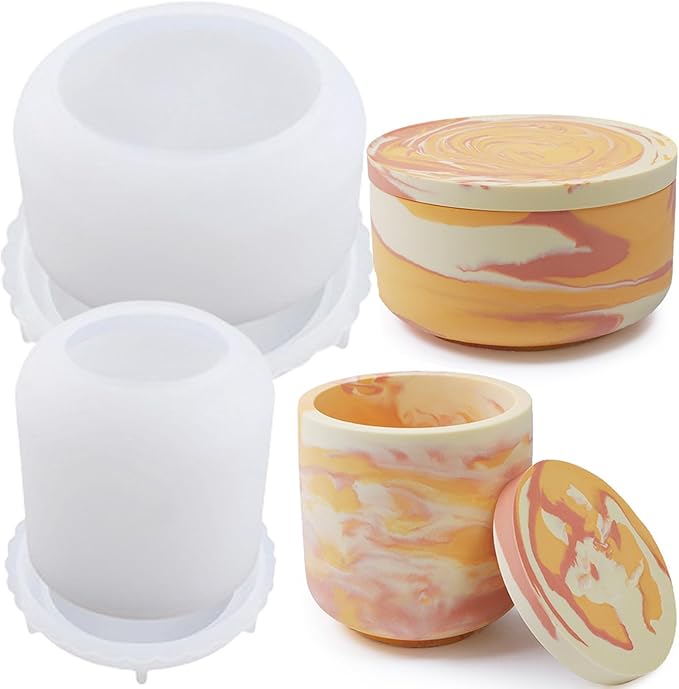 2 PCS Large Storage Box with Lids, Creative Silicone Candle Vessels Pot Molds, Concrete Round with Cover Bottle Making Moulds for Organizer
