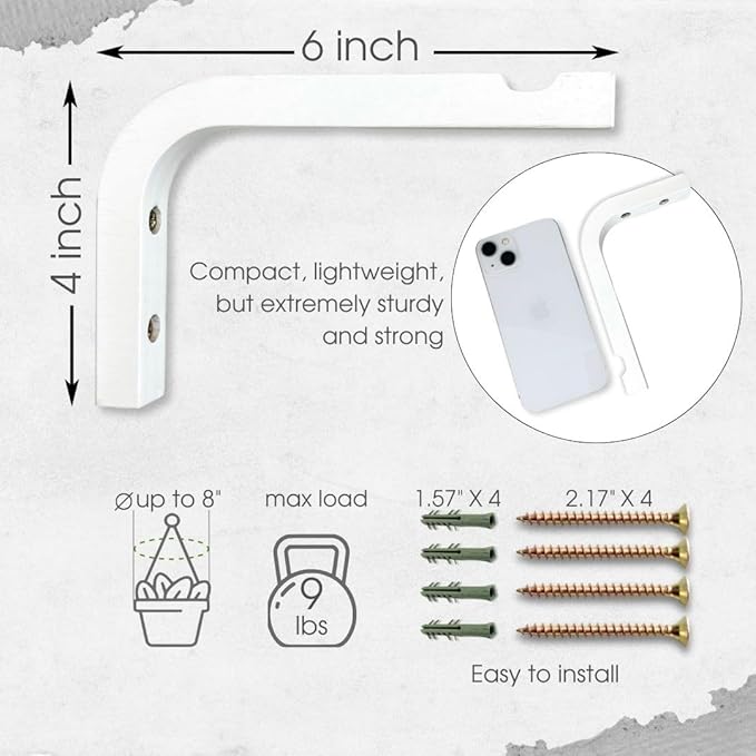 EvenWood 2-Piece Set of Plant Hooks for Wall 6 inch - Mounted Wooden Plant Hook - Indoor and Outdoor Bracket Plant Hanger for Planters, Lanterns, Bird Feeders, Patio Decorations (White)