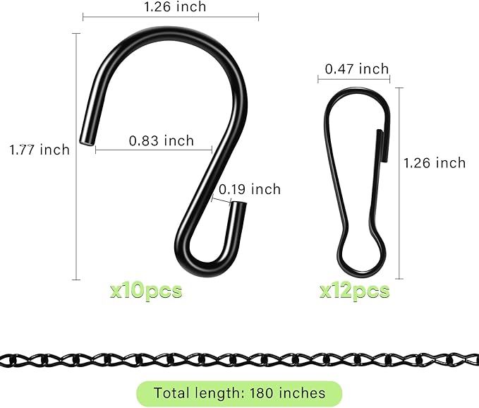 Upgraded 180”Heavy Duty Metal Hanging Chains with Hanging Basket Hooks Set for Planters,Birdcage,Birds Feeder,Grow Lights,Lanterns,Billboards,Wind Chime and Ornaments,Chain Hooks DIY,Black