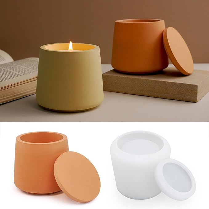 Storage Box with Lids Candle Jar Molds Set, Creative Silicone Candle Vessels Pot Molds, Concrete Round Stripe with Cover Bottle Making Moulds for Storage Candle Holder (O)