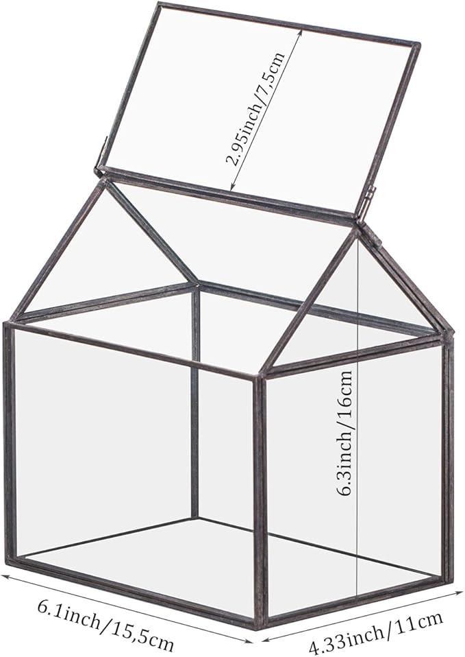 NCYP Small Glass Terrarium with Lid for Plant Succulent - 6.1 X 4.33 X 6.3 Inches - House Shape Flower Pot, Garden Tabletop Decor Planter, Geometric Centerpiece, Black (No Plants)