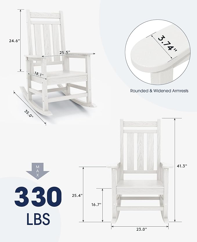 KINGYES Outdoor Rocking Chair, All-Weather Patio Rocking Chairs for Porch, HDPE Rocking Outdoor Chairs with High Back for Adult, Heavy Duty Outdoor Patio Rockers for Garden, Lawn, White
