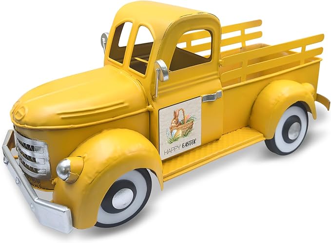 Easter Decorations 13.4 Inch Farmhouse Vintage Truck with 20 Magnets Interchangeable Seasonal Decor Rustic Metal Pickup Spring Holiday Easter Centerpieces for Tables Home Garden, Yellow
