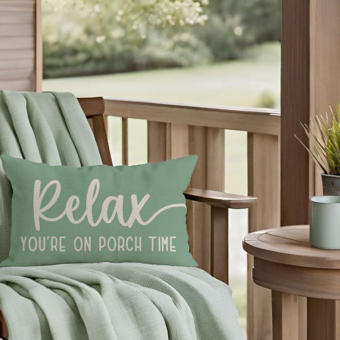 PANDICORN Eucalyptus Green Outdoor Decorative Throw Pillow Covers 12x20 Inch Relax Porch Time Rustic Farmhouse Lumbar Throw Pillow Cases Decorations for Patio Sofa Couch Decor