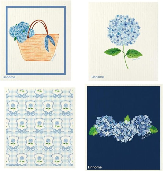 Garden Collection Hydrangea Swedish Dishcloth, Reusable Paper Towel, Super Absorbent Cellulose Sponge, Kitchen Cleaning Cloth, Washable & Compostable (Blue Hydrangea - 4 Pack)