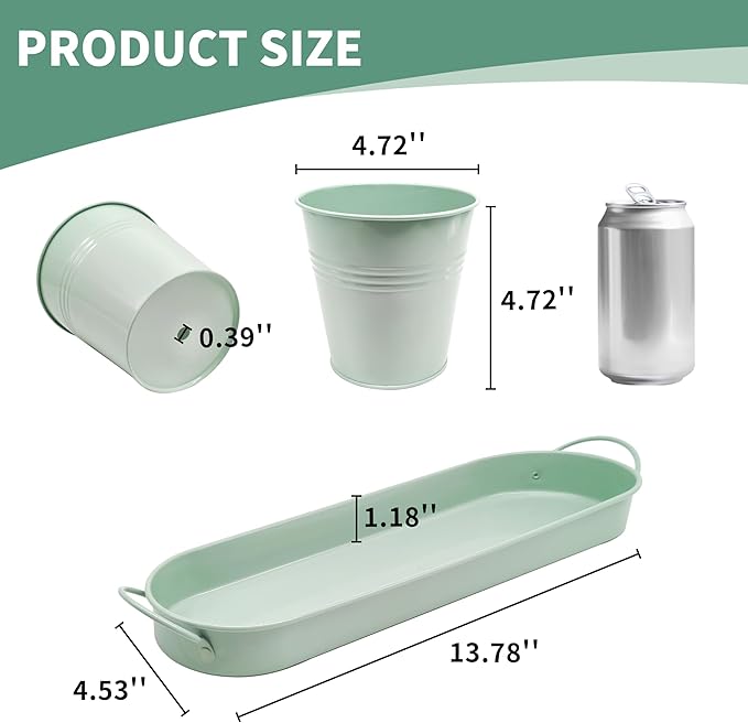 TCBWFY Indoor Herb Garden Planter Set, 3-Pack 4.7 Inch Green Metal Plant Pots with Drainage Holes & Removable Tray, Windowsill Planter for Kitchen Countertop, Balcony, Office
