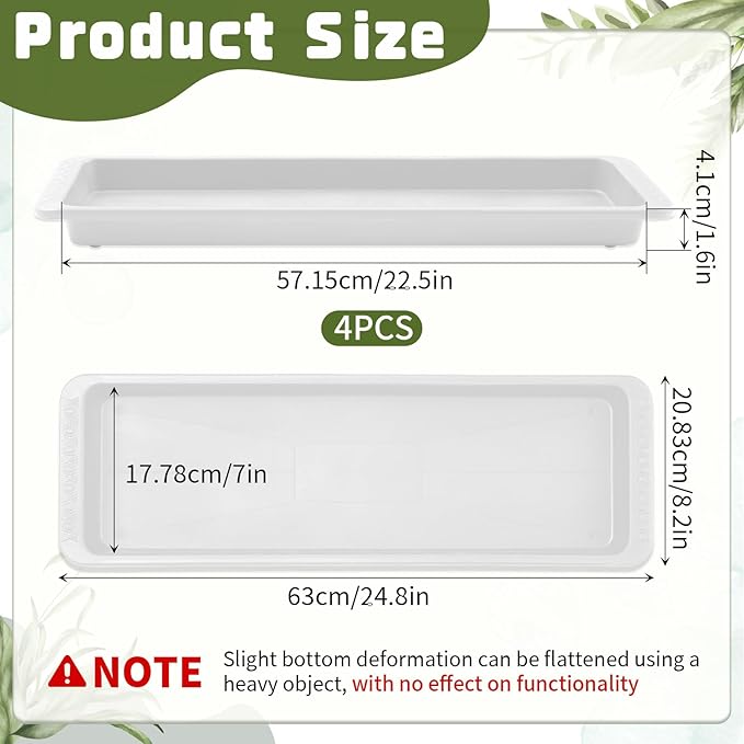 4 Pack White 24 x 8 x 1.6 Inch Rectangle Plant Saucer Large Plastic Plant Tray Water Drip Trays for Windowsill Flower Pot Planter Drainage Germination Garden Indoor Outdoor Use