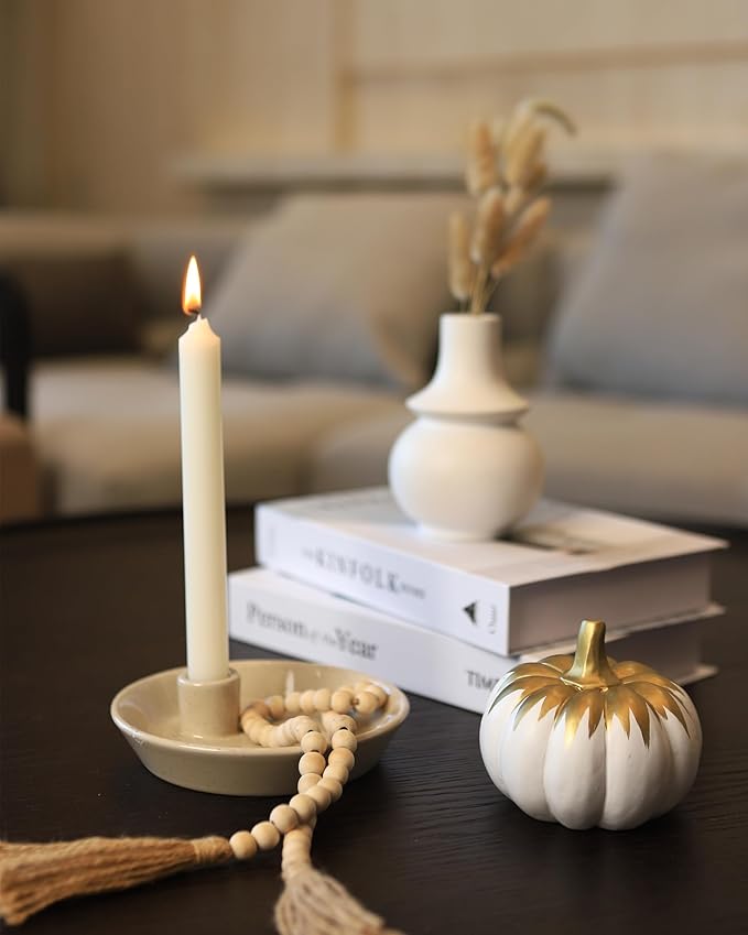 DN DECONATION Ceramic Candle Holder, Boho Candlestick Holder with Round Plate for Taper Candles, Unique Farmhouse Porcelain Candle Stick Holder for Meditation/Yoga Room Home Wedding Decor(Gray)