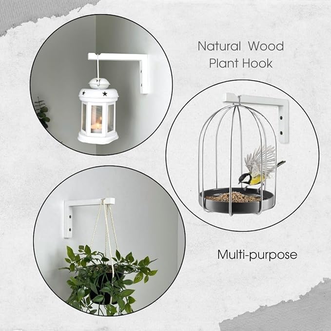 EvenWood 2-Piece Set of Plant Hooks for Wall 6 Inch - L-Shaped Mounted Wooden Plant Hook - Indoor and Outdoor Bracket Plant Hanger for Planters, Lanterns, Bird Feeders and Plant Basket (White)