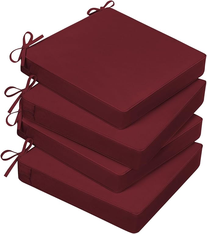 Basic Beyond Outdoor Chair Cushions for Patio Furniture, Waterproof Outdoor Seat Cushions Set of 4 18 x 18, Patio Chair Cushions Set of 4 with Ties and Handle, Burgundy
