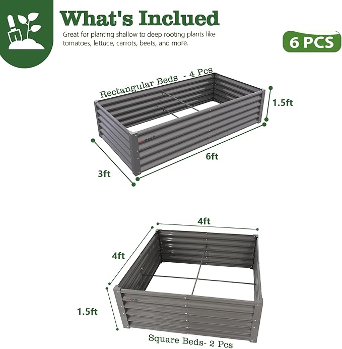 A ANLEOLIFE 6-Piece 18 Inch Tall Quartz Grey Raised Garden Beds Kit, Rectangular & Square Metal Planters for Structured Garden Layouts