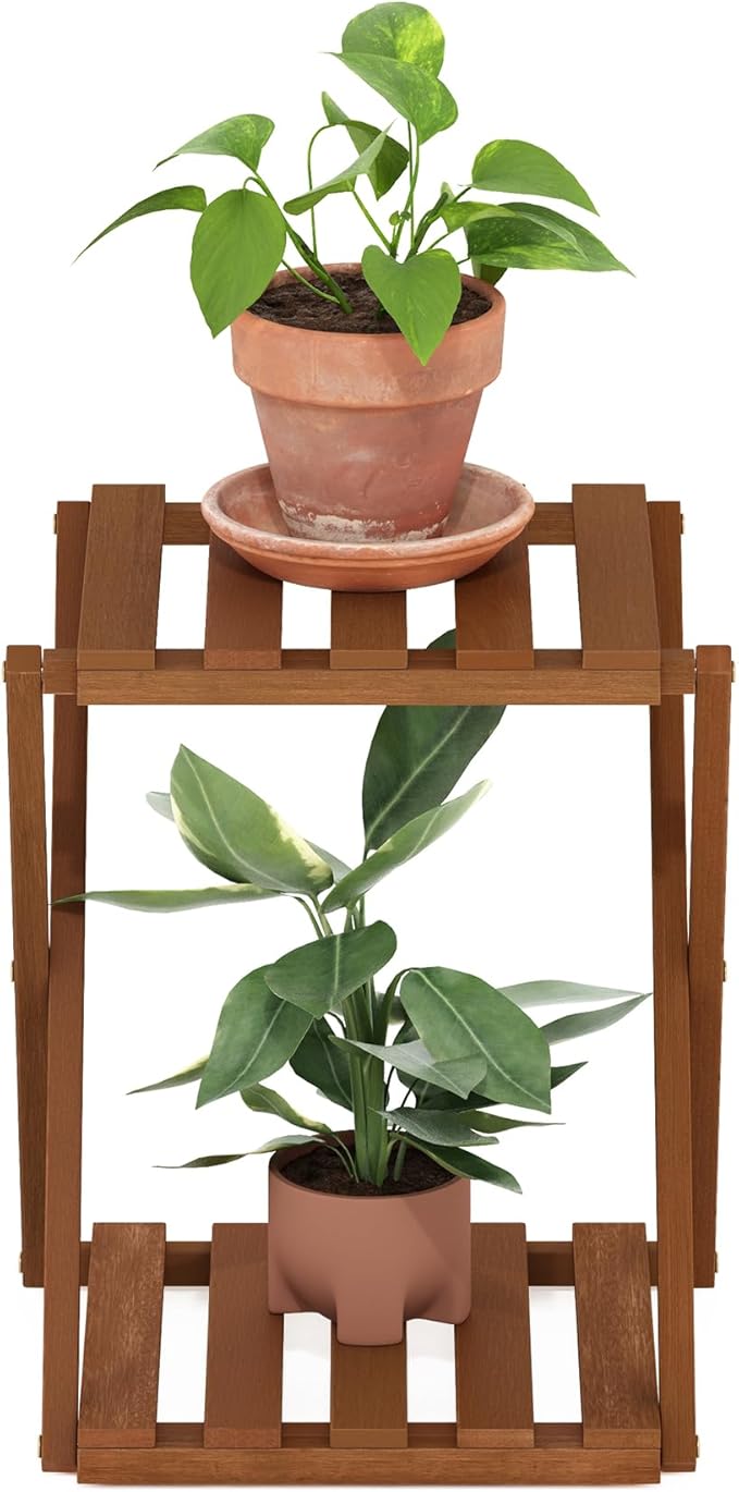 Furinno TIOMAN Patio Table, 2-Tier Outdoor Side Table, Toolless Multipurpose Folding Display Shelf, Plant Stand, for Patio, Garden, Porch, Natural