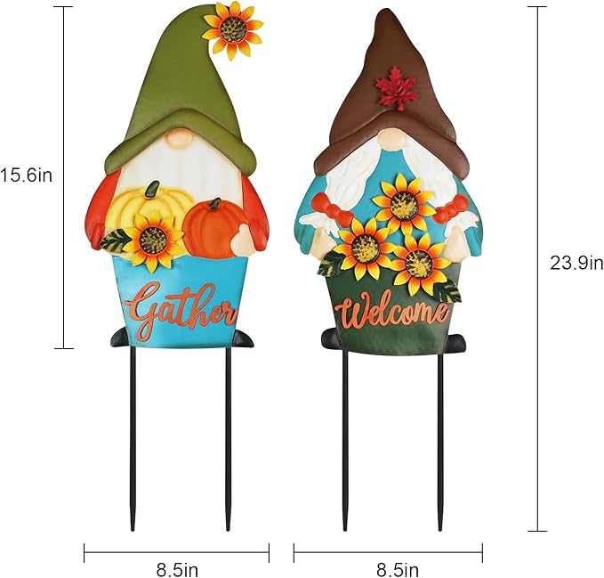 PHITRIC Fall Decorations for Home Outdoor, 2 Pcs Metal Gnome Decorative Garden Stakes with Pumpkins Sunflower for Fall Decor, Yard Signs for Garden Home Lawn Patio Thanksgiving Decorations
