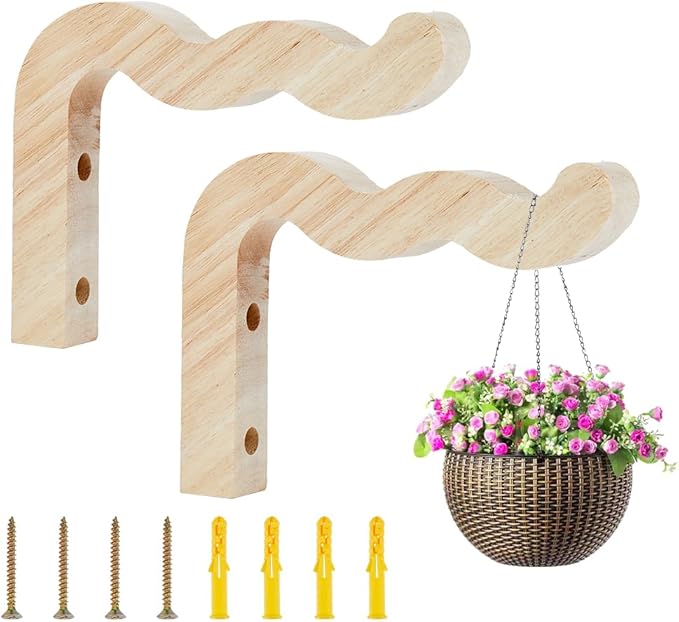 DICOSMETIC 2 Sets Wood Plant Hooks Wavy Wooden Plants Hanger 39x7.5mm Hanging Plant Holder Indoor and Outdoor Brackets Plants Hanger Wood Hook for Planters, Lanterns, Bird Feeders
