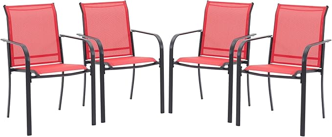 VICLLAX Patio Stackable Chairs Set of 4, Outdoor Dining Chairs with Breathable Fabric Lawn Deck Chairs for Balcony Porch, Red Fabric