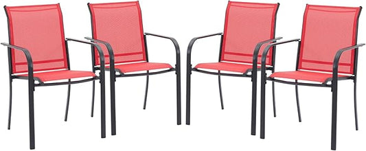 VICLLAX Patio Stackable Chairs Set of 4, Outdoor Dining Chairs with Breathable Fabric Lawn Deck Chairs for Balcony Porch, Red Fabric
