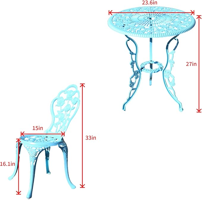 KAILI Outdoor Furniture Bistro Set with Rose Pattern 1 Table 2 Chairs for Garden Patio Porch (Rose-Light Blue)