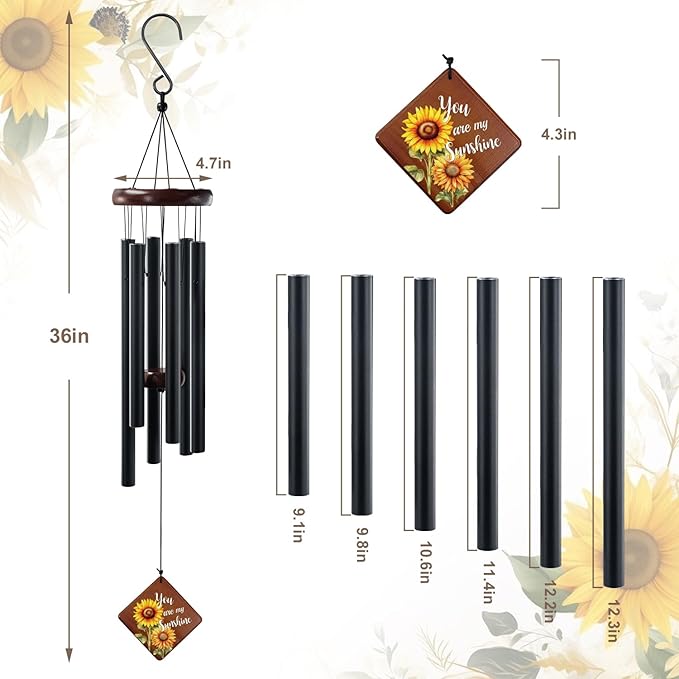 Wind Chimes for Outside, 36“ Sunflower Wind Chime for Friends Bestie Family & Loved One, Christmas Windchime Thank You Gifts with You are My Sunshine Saying