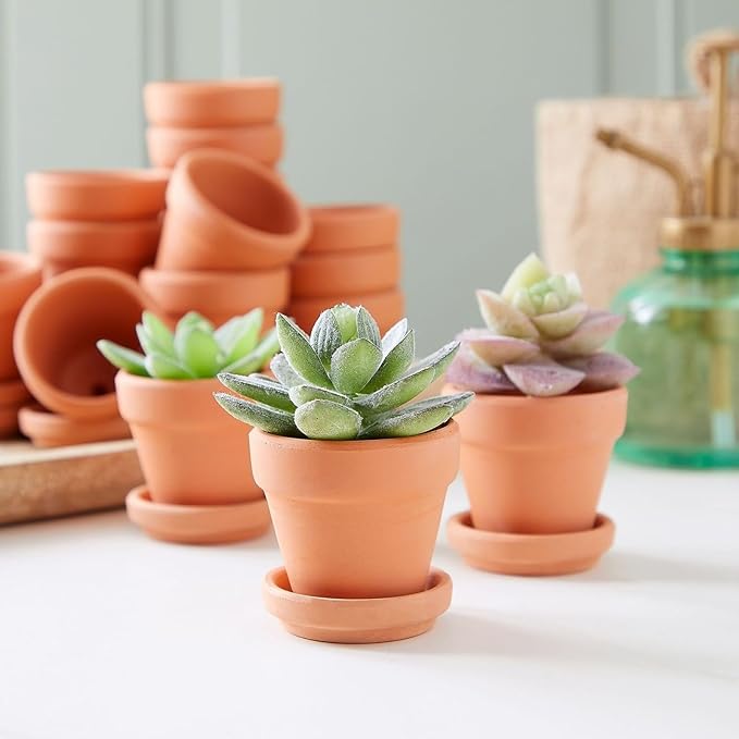 Juvale Miniature Clay Pots with Saucers & Drainage Holes - 1.9 x 2 x 1.7 inches - 16-Pack Rustic Terracotta Succulent Planters - Tiny Terracotta Pots with Tray for Garden Decor