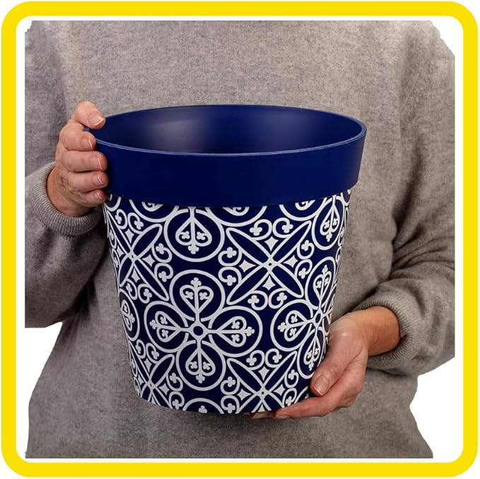 Hum Flowerpots, 10 inch Set of 3, Various Patterns Colors and Sizes, Indoor/Outdoor Plastic Plant Pots (Blue Maroc)