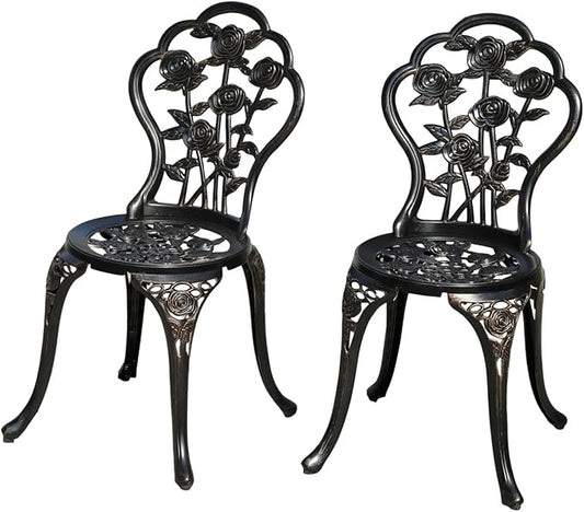 KAILI Rose Garden Cast Aluminum Bistro Chairs, Decorative Outdoor Patio Seating, Set of 2, White and Black (Rose Chair Bronze)
