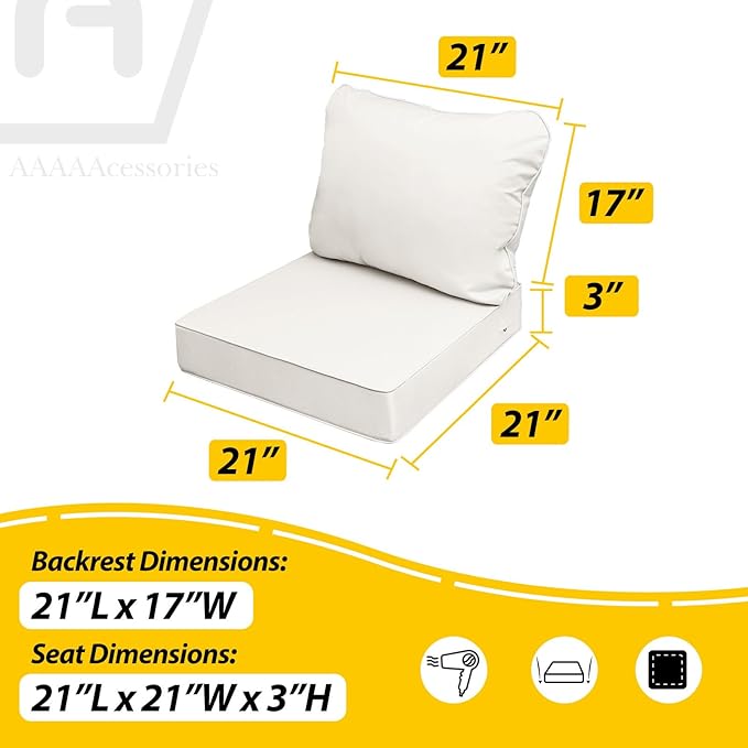 AAAAAcessories Outdoor Seat Cushions for Chairs, Fade-Resistant, Waterproof Patio Furniture Replacement Cushions, 21" x 21" x 3" + 21" x 17", Set of 4, Creamy White