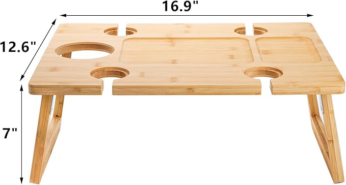 Peohud Portable Wine Picnic Table, Foldable Champagne Picnic Snack Table Tray, Wooden Outdoor Picnic Table with Glass Holder for Park, Beach, Camping, Bed, Wine Lover Gift