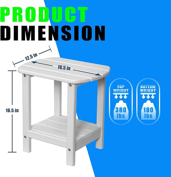 Adirondack Outdoor Side Table, 2-Tier Storage Patio Table, Square HDPE End Table for Garden Backyard Pool, Waterproof & Low Maintenance Furniture for Porch Deck