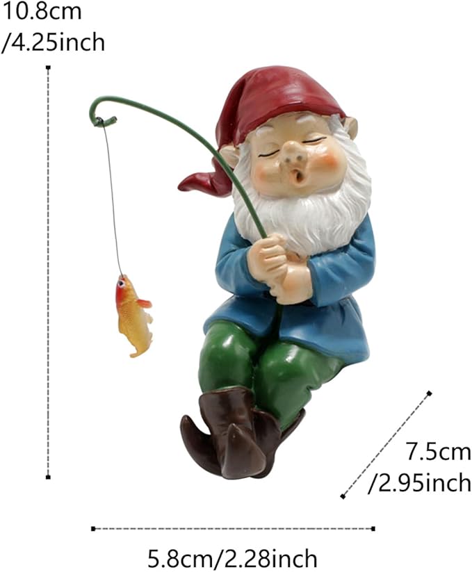 Garden Gnome Mini Sitter Statue, Fishing Gnome Garden Statue, Funny Outdoor Garden Decoration Micro Landscape Ornaments for Patio Yard Lawn