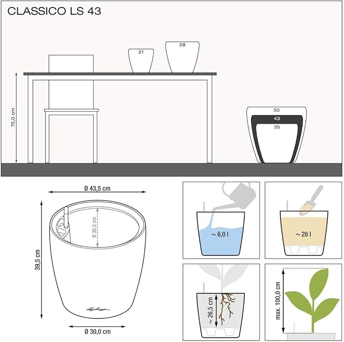 Lechuza Classico LS 43 Black High Gloss, Self-Watering Round Planter, D16.9 H15.7 in