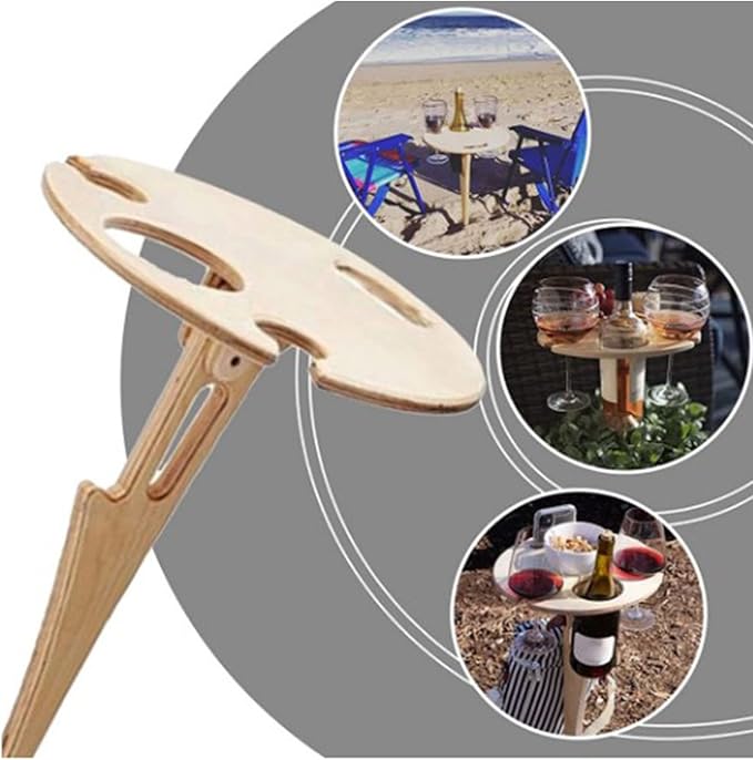 Topyond Outdoor Portable Foldable Wine Table, Bamboo Round Wine Rack, Ground Insertion Design Small Picnic Table, Ideal for Garden, Lawn, Picnic