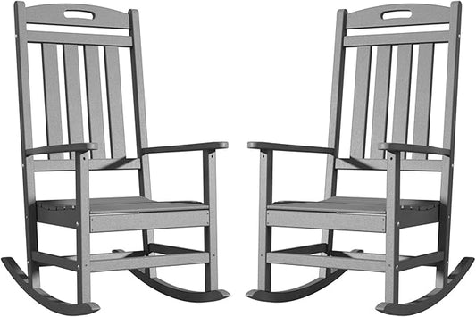 Outdoor Rocking Chair Set of 2, High Back Plastic Patio Rocking Chairs for Outside Porch Rocker Garden Lawn, All-Weather Resistant Poly Lumber Rocker Chair Outdoor, Slate Grey
