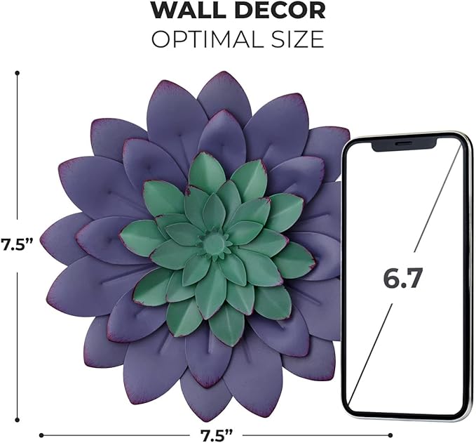 Everydecor Succulent Metal Flowers Wall Decor – Purple, Hand Painted, 3D Flower Art Decoration for Living Room, Bedroom, Kitchen, Bathroom - Floral Decor for Indoor & Outdoor Use