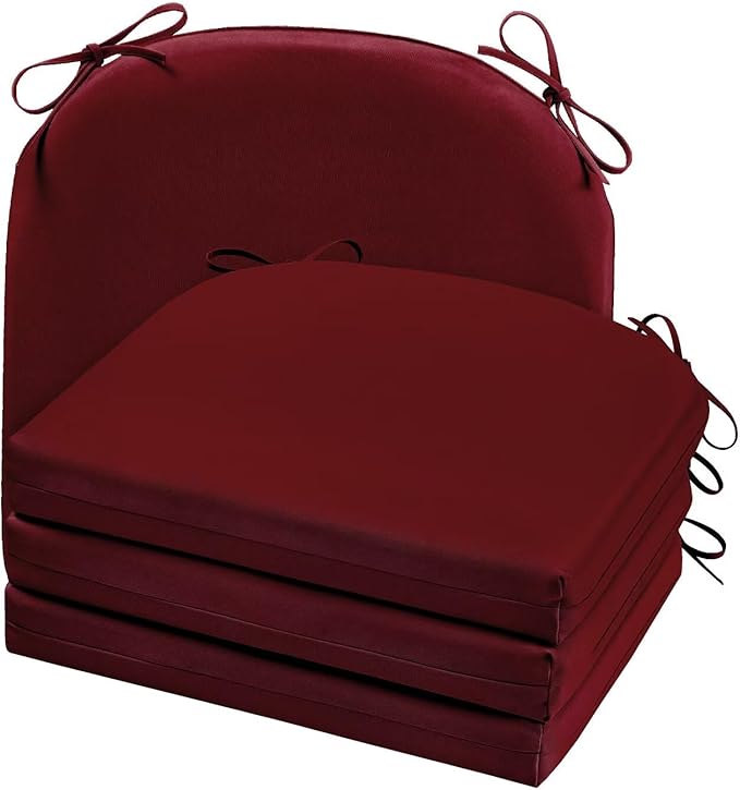 Cozyide Outdoor Chair Cushions, Waterproof Patio Seat Cushions with Adjustable Straps, Round Corner Patio Chair Cushions for Garden, Burgundy, 17x16x2 Inch (Pack of 4)