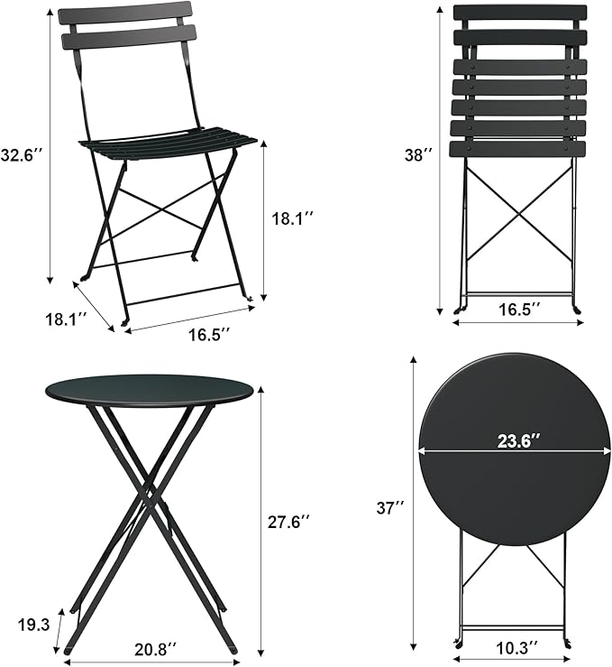 Bistro Table and Chairs Set of 2, 3 Piece Outdoor/Indoor Folding Patio Bistro Sets, 2 Chair Patio Furniture Set with Table, Premium Frame Foldable Coffee Tables for Balcony, Yard, Garden, Black