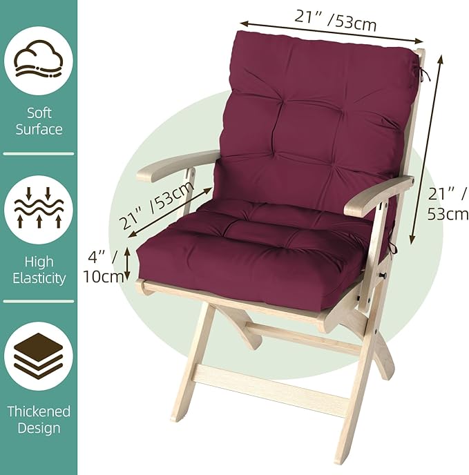 Outdoor Chair Cushions Set of 2, 42x21x4 Inch Patio Cushion for Dining/Rocking Chairs, High Back Soft Seat Pad with Ties, Indoor Outside Use, Fade-Resistant & Waterproof, Burgundy