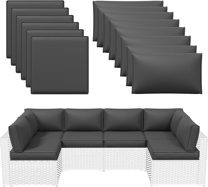 Aoxun Outdoor Replacement Cushions for Patio Furniture, Waterproof Sofa Cushion for 6-Seat Rattan Wicker Sectional Patio Conversation Sets, 14-Piece Cushions Set for L-Shape Couch, Gray